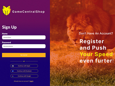 the sign up page of game central shop theme