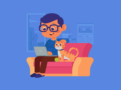 Working Easily boy cat freelance freelancer illustration working