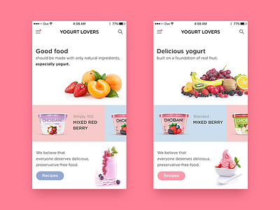 Yogurt Lovers Mobile App chobani food fruit ice cream ios mobile app recipes ui ux yogurt