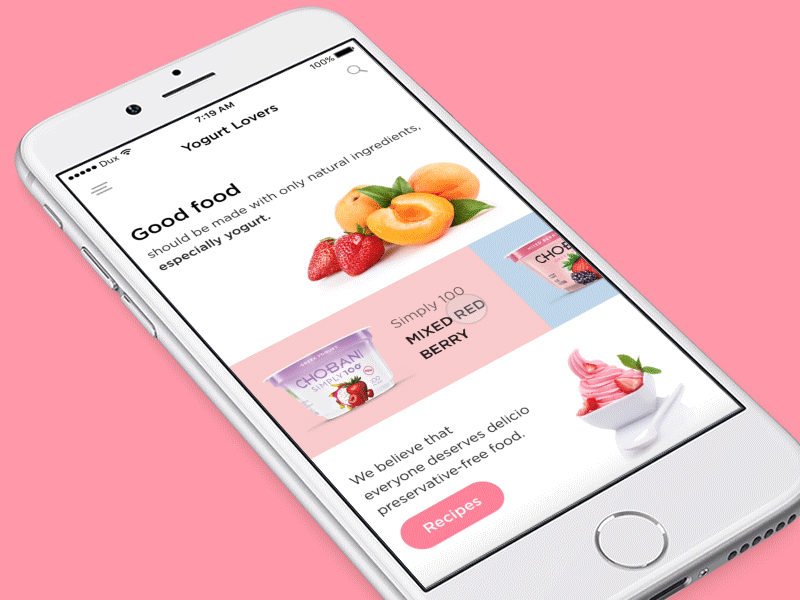 Yogurt Lovers - Products Detail Animation animation food healthy interaction ios mobile mobile app poduct detail ui ux yogurt