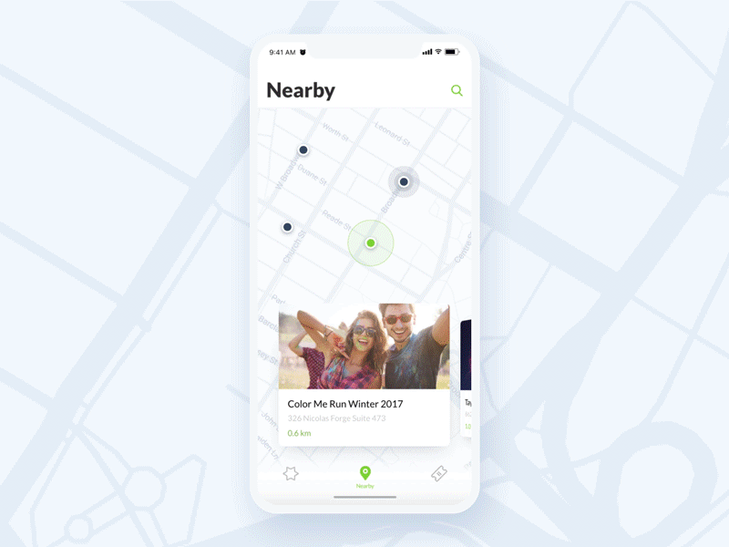 Discover nearby events - Animation animation event flinto interaction ios iphonex map mobile ticket booking ui ux