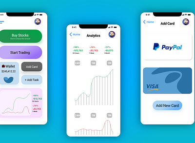 Trading Stocks mobile application with statistics and wallet adobe adobe xd adobe xd design app design designer mobile app design product design trading stocks typography ui user experience user interface vector