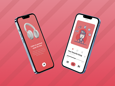 Two-page UI idea for a music streaming app. app application color colour design designer figma graphic design mobile app music pink red streaming typography ui ui design ui ux user experience user interface ux