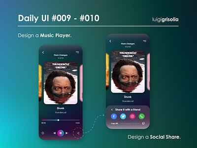 Daily UI #009 & #010 - Design a Music Player/Social Share app button design graphic design layout menu mobile music musicplayer share social socialshare ui ux