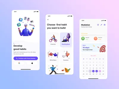 Routiner - Habit Tracker App Design 3d app application graphic design habit habit tracker meditation mobile mobile app onboarding routiner ui