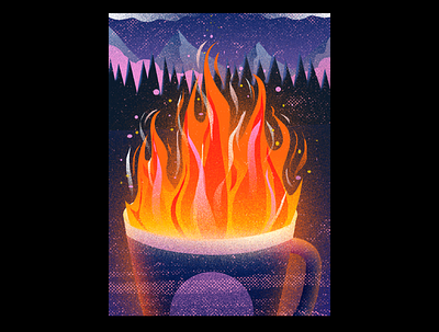 'tis the season campfire canada cocoa coffee cozy cozy mug fire illustration mountains trees