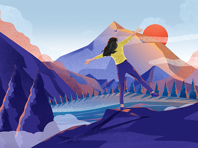 A new day. design digitalart girl hiking illustration illustrator landscape mountain mountain top nature photoshop sun trees ui urban ux website