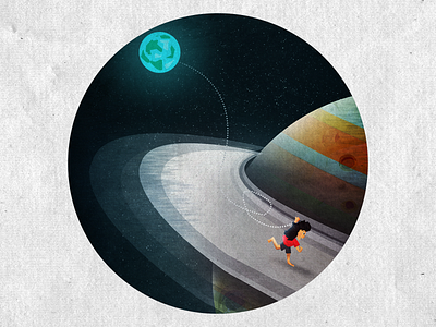 Round and around we go. digitalart earth girl illustration kite kiteflying rings run saturn solarsystem space stars