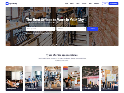 Spacecity Design System for Real Estate & Office Space blue coworking space creative design system homepage landingpage modern office space realestate rental