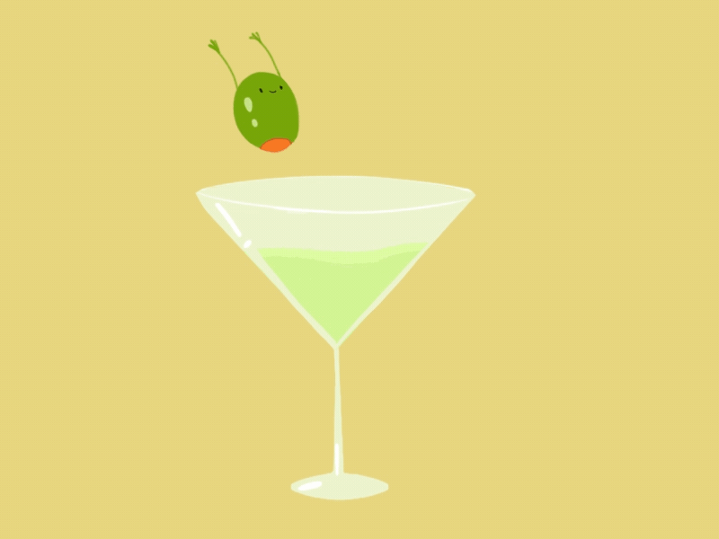 Happy Martini cocktail drink happy jumping around liquid martini olive