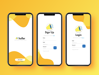 Holler: get started, sign up and login page app design flat illustration ui ux