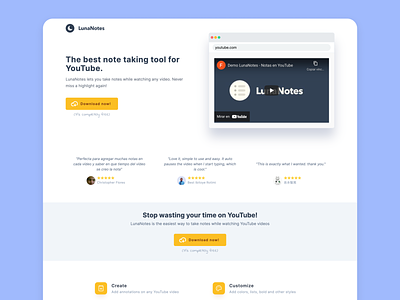 LunaNotes – The Best Note Taking Tool for YouTube chrome extension landing page live note taking productivity svelte tailwindcss website youtube