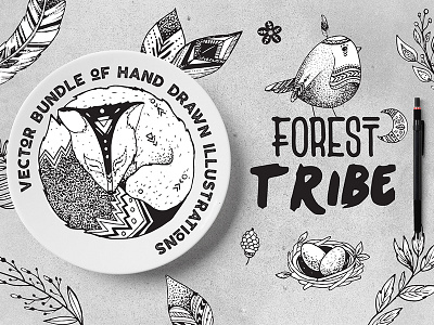 Forest Tribe Vector Illustrations animal bird creative market design drawing elements forest fox illustration logo vector wolf