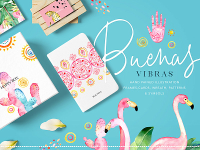“Buenas vibras” abstract branding card cards clip art design drawing ethnic flamingo frames illustration nature packaging patterns set sonice tropical typography wallpaper watercolor