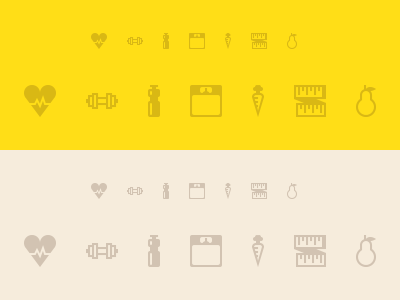 Health & Fitness Icons bottle branding carrot dumbbell fitness graphic design health heart icon illustration pear wip