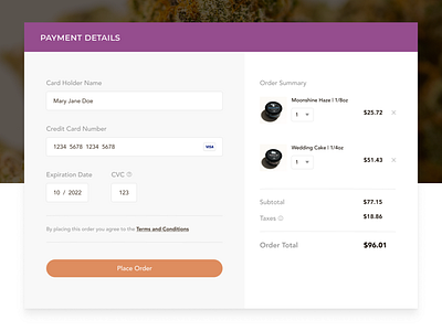 Dispensary Checkout page cannabis checkout page colorado design design challenge dispensary figma interface design marijuana orange payment product design purple ui ui design ux ux design uxui weed