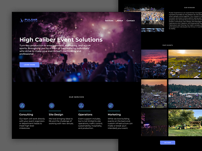 Pulsar Experience Marketing Site branding color palette concerts dark mode design events figma live music logo marketing production ui ux web design webflow website design