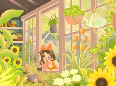 DTIS: Ghibli flowers ghibli greenhouse illustration puppy summer warm