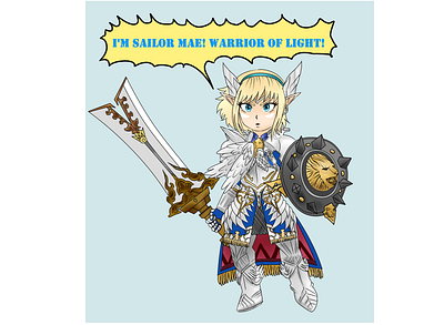 ff14 commission anime anime girl armour blonde blue eyes chibi commission digitalart ff14 final fantasy final fantasy 14 illustration shield silver armour sword