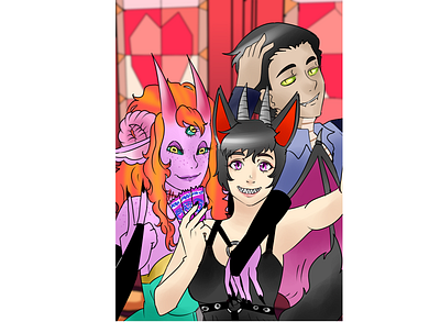 Addict addict commission demoness demons female demon friends hazbin hotel helllsonas illustration male demon mv snake demon tickets wolf demon