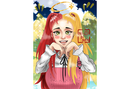 Sophia angel angels angelsona blonde commission cute digital art green eyes oc original character pink red hair transparent wings