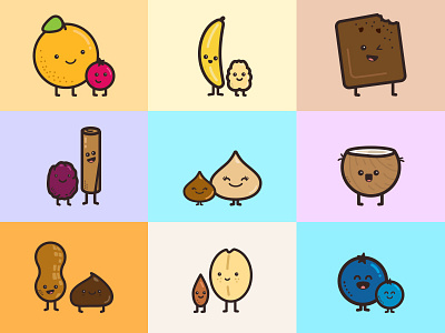 Nugo Fiber Fam blueberry brownie characters chocolate coconut flavors fruit illustrator nuts