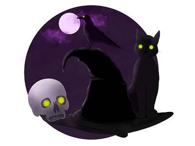 Spooky Halloween Cat with Skull and Raven on the Witch hat digital draw digital illustration digital painting halloween ilustration