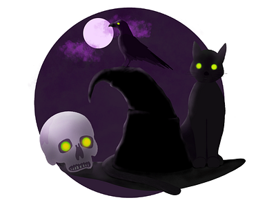 Spooky Halloween Cat with Skull and Raven on the Witch hat