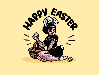 Easter Girl black white cartoon character cartoon illustration comic art cute easter eggs happy easter illustration line art linework procreate art rabbit tattoo tattooed vector