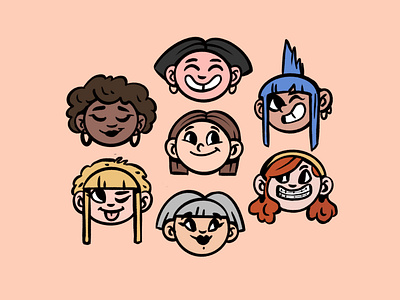 Girls cartoon character cartoon illustration characters cute illustration face feminism girl power girls icons illustration line art piercing portraits procreate art punk skinhead smiley face woman illustration