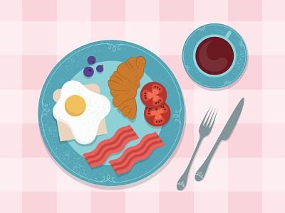 Early morning breakfast meal solid and flat illustration bacon blueberry branding bread breakfast breakfastideas brunch coffee croissant englishbreakfast food fork graphic design healthyfood illustration knife meal morning tea vector