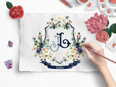 Wedding crest and victorian vintage monogram illustration illustration art watercolor crest wedding crest wedding invitation wedding stationery