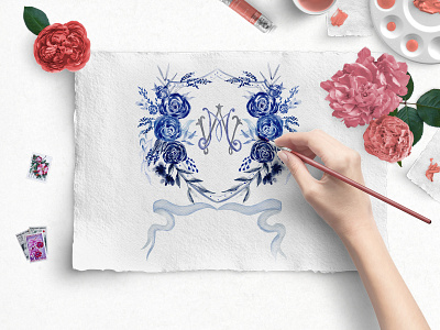 Wedding Crest with blue watercolor roses illustration illustration art watercolor crest wedding crest wedding invitation wedding stationery