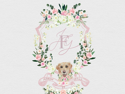 Wedding watercolor crest with puppy portrait dog portrait illustration illustration art pet portrait watercolor crest wedding crest wedding invitation wedding stationery
