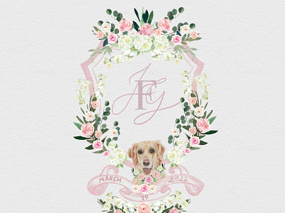 Wedding watercolor crest with puppy portrait