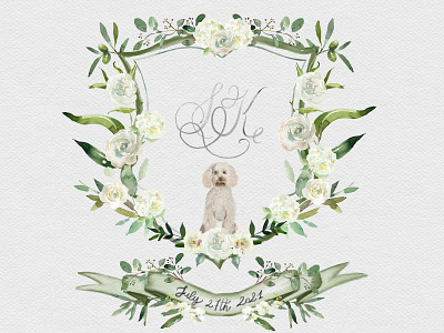 Wedding watercolor crest with pet portrait illustration illustration art watercolor crest wedding crest wedding invitation wedding stationery