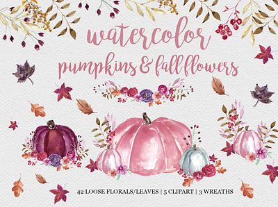 Pumpkins and florals clipart fall flowers watercolor flowers watercolor pumpkins