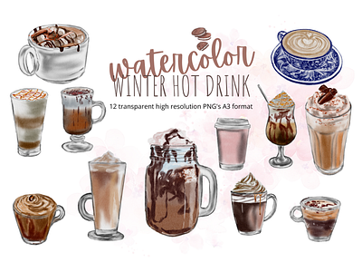 Watercolor winter hot drink coffee drink signature cocktail watercolor drink winter drink