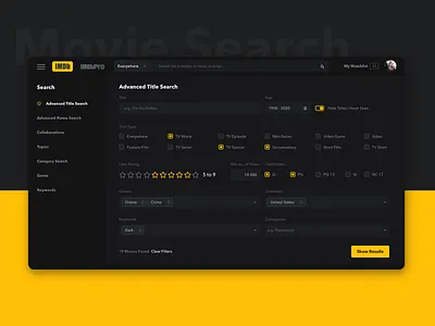 Daily UI 022 - Movie Search advance filters advanced search amazon application daily ui dailyui dark theme dashboard film filter imdb movie movie app neflix search search bar search engine searching ux uxui