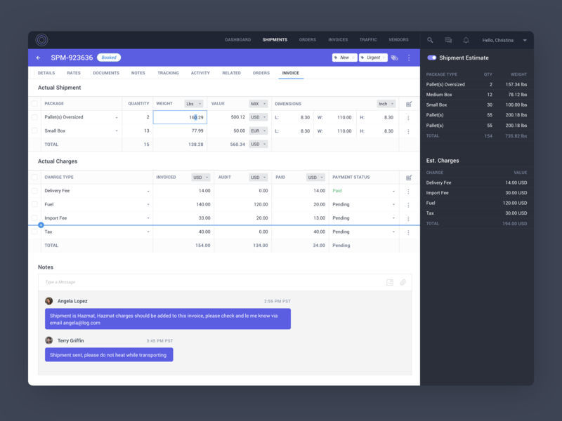 Shipment Invoice Charges app big data blockchain charges dashboard ux design editable editable file editable row invoice invoice design invoicing logistics management app management system saas shipment tabs user experience design ux