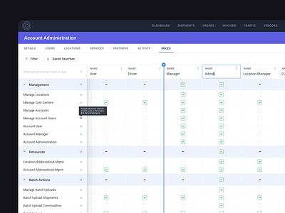 Admin Roles Management accordion account admin admin design admin panel app application assignment daily ui dailyui dashboard horizontal scroll management manager permission roles spreadsheet table user experience ux