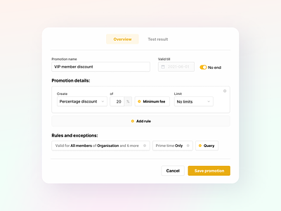 Promotion campaign with conditions creation advanced advanced filters application build filter builder campaign conditions daily ui dailyui manage modal window popup promo promo code promotion query rules ui user experience ux
