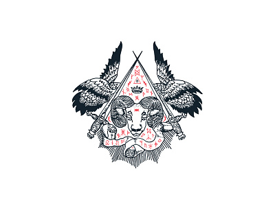 Old No.59 crown hand drawn illustration linework occult ram sword symbols wings