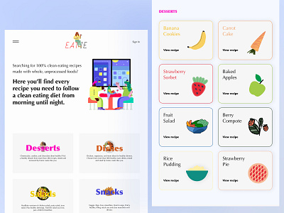 Eatie - website with healthy recipes app branding design illustration typography ui web design website
