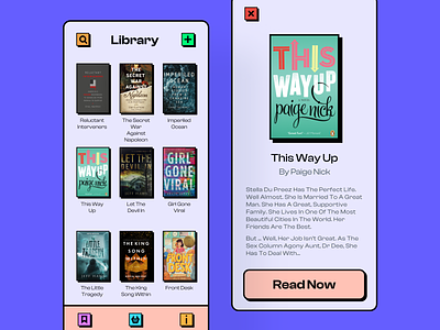 Book store pages app design minimal mobile neubrutalism ui