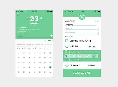 Main Calendar Page and Add Event Screen app branding design illustration logo minimal ui ux vector web