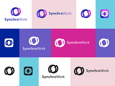 Logo design for SynchroWork - SAAS technology brand brand design branding colourful design graphic design illustration logo logo design logo variations monogram pink purple s tech brand