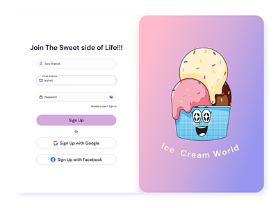 Ice cream World Sign Up Page design ui