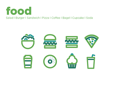 Food icons bagel burger coffee cupcake food icon illustration line pizza salad sandwich soda