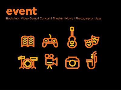 Event icons book camera concert drum guitar icon jazz line movie stroke theater video game